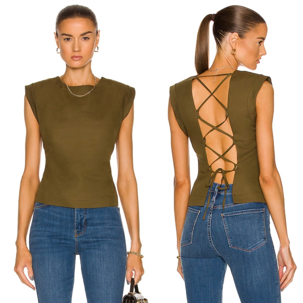 NWT FRAME Lace Back Top in Surplus Green XS